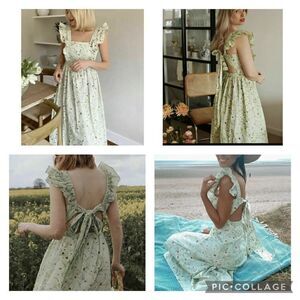 H&M Wildflower Meadow open back Poplin Light Green Floral midi Dress